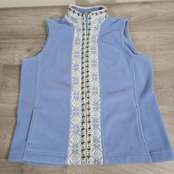 LL Bean Blue Vest Full Zip Size M Fair Isle Trim Knit Fleece Soft Side Pockets - Picture 3 of 11